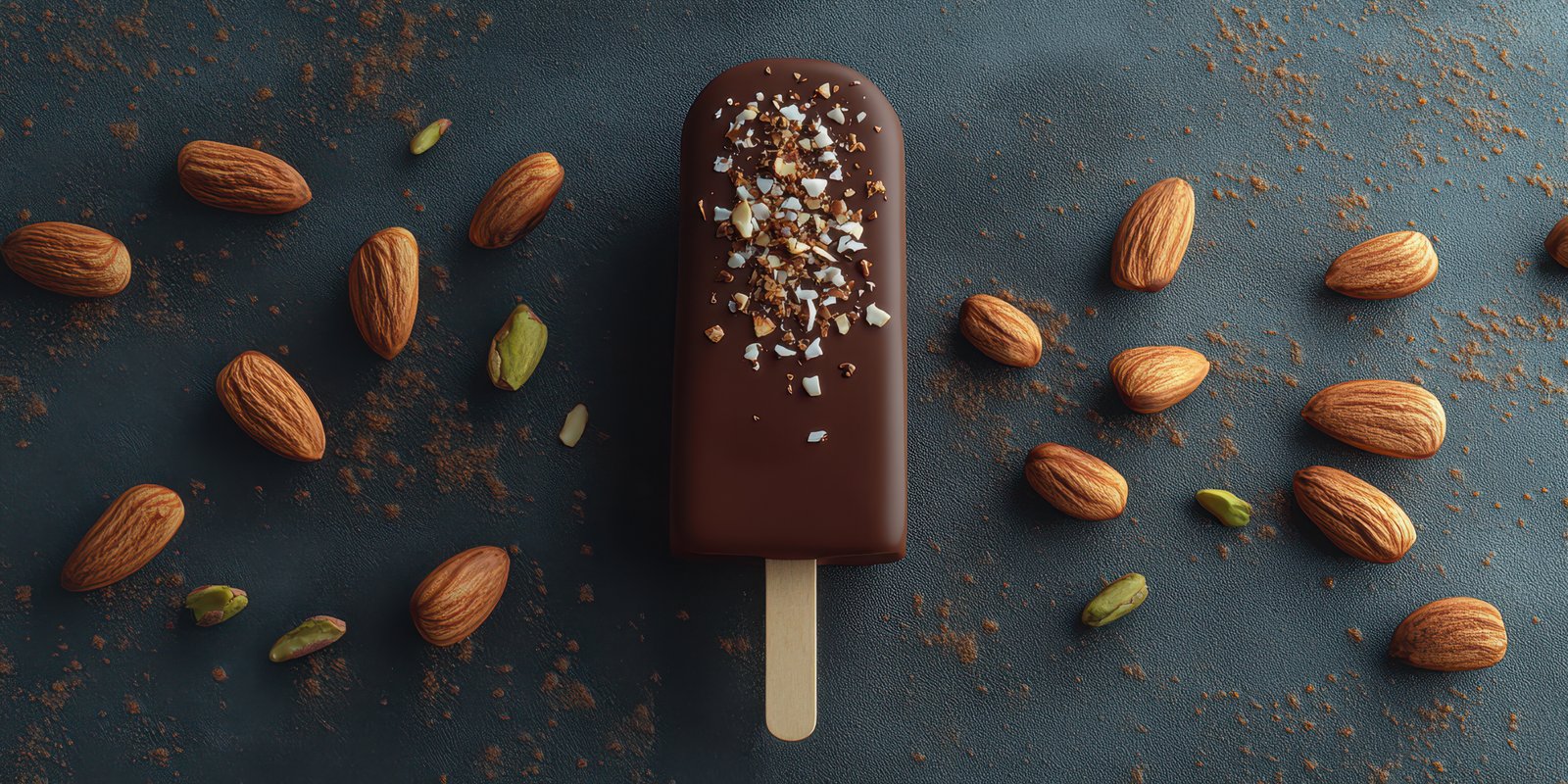 Delightful chocolate-covered ice cream bar garnished with nuts on a rustic table
